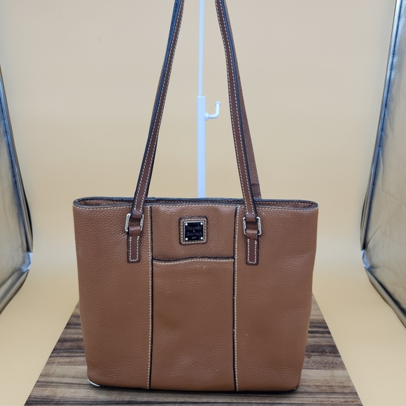 Dooney & Bourke Brown Leather Tote With Vibrant Red Lining & Key Fob - Picture 1 of 7